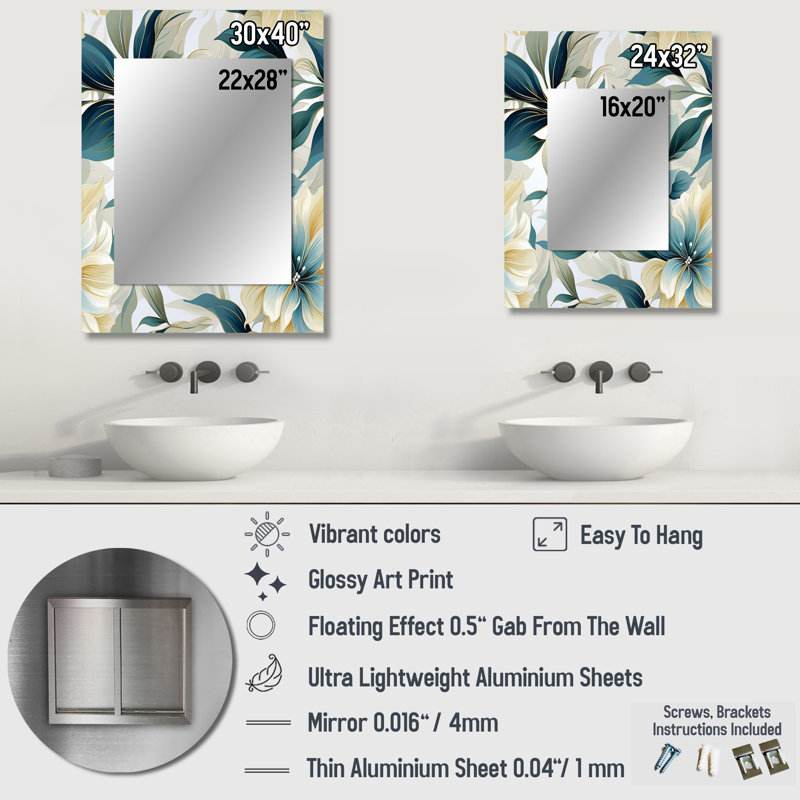 Youraj océanique, motif tropical sur toile - grand miroir mural tropical, botanique, miroir décoratif floral, impression d'art en métal