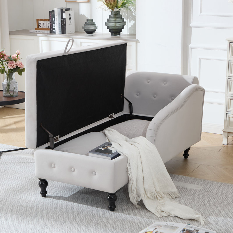 Chaise longue de rangement en velours Eastham, Gris clair, Orienté à droite