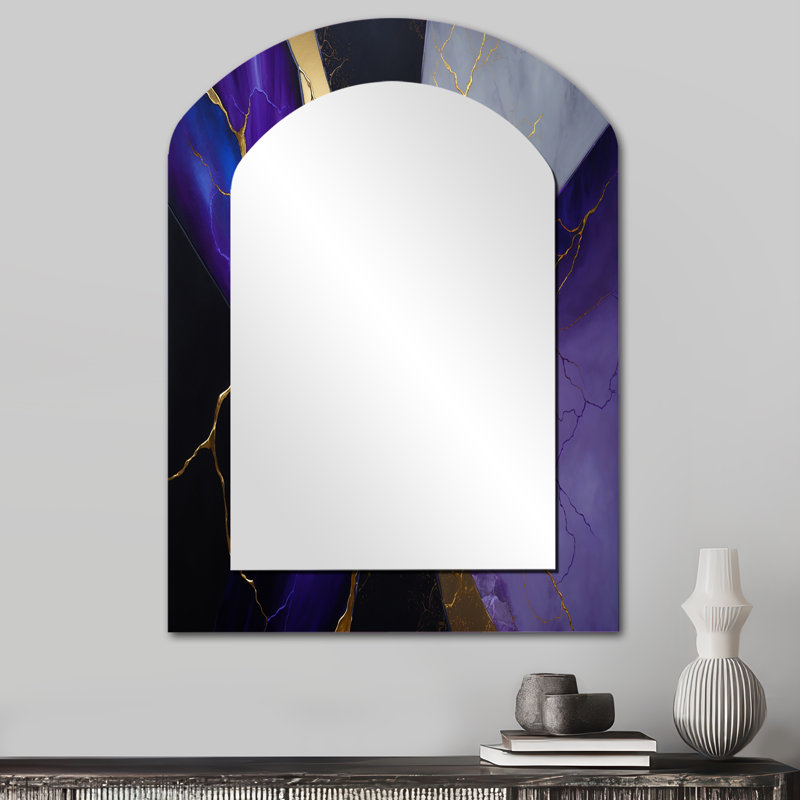 Abstrait géométrique mauve II - miroir mural asymétrique unique en marbre, miroir arqué moderne, impression d'art en métal