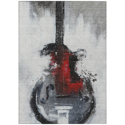 5' X 8' Gray Charcoal And Red Abstract Washable Indoor Outdoor Area Rug