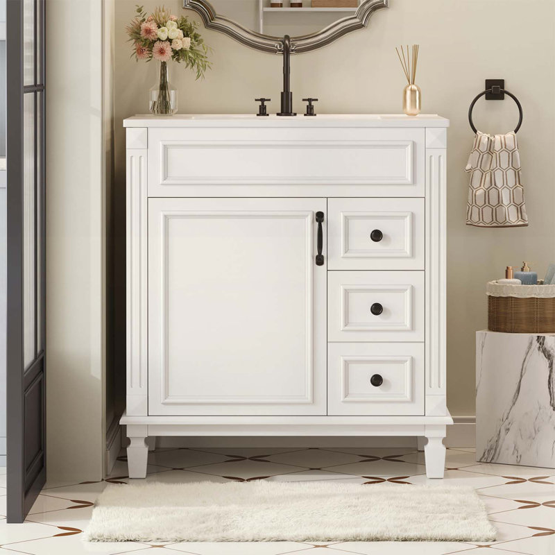 Bathroom Vanity with Ceramic Sink,2 Drawers and Adjustable Shelf, White