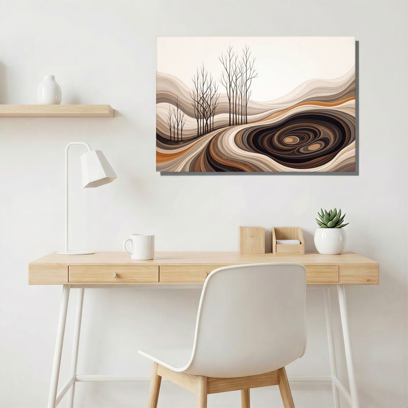 "Minimalist Bare Trees on Swirling Brown Hills", art mural sur toile, H 24 po x l 36 po
