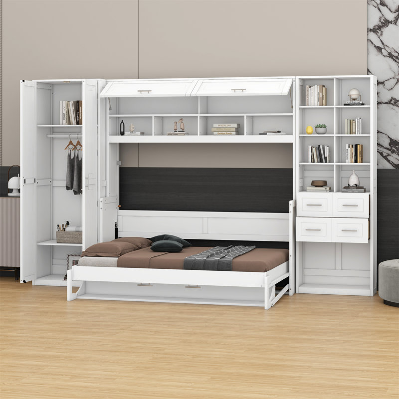 Lit escamotable Murphy avec placard, tiroirs et tablettes, Blanc, Queen