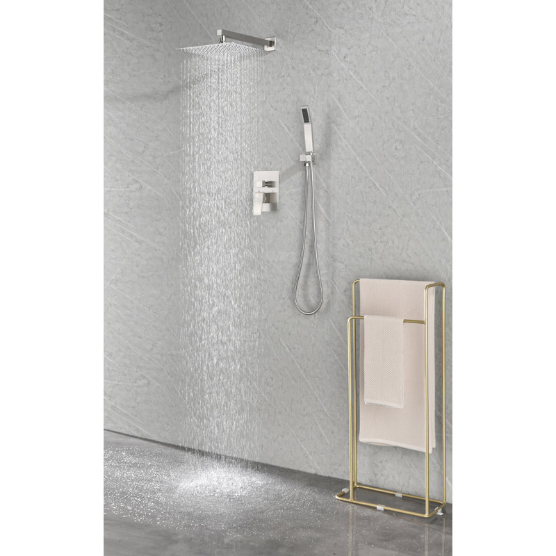Brushed Nickel Shower Assembly With Head, Hand Shower, Hose, Valve Trim, Lever Handles And Niche. . Yields Natural Rainfall Shower. Self-cleaning Nozzle. Aligns American Standard Pipe Connections