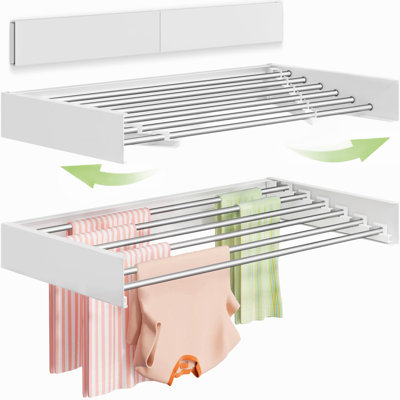 Wall Mounted Clothes Drying Rack 40 Inches, Drying Rack Clothing Collapsible, Hidden Space Saver With Wall Template, 6 Rods, White