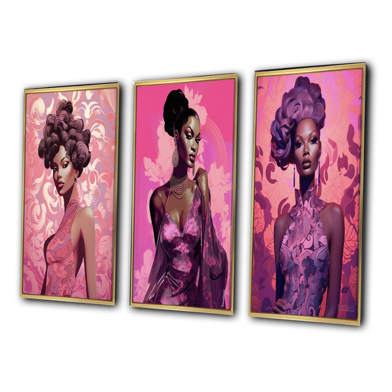 Retro Fashion Glam Model en rose magenta III - ensemble de 3 impressions, Cadre flottant doré, H 40 po x l 60 po