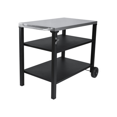 Chariot de barbecue extérieur à 3 niveaux avec plateau en acier inoxydable, table de préparation de barbecue mobile sur roulettes, barre de service pour la terrasse et la cour arrière, support de four à pizza en noir, construction, grand rangement, stable