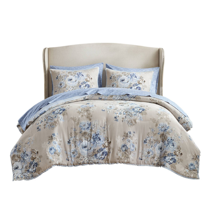 Ensemble de literie réversible, polyester grand floral beige bleu pour la maison