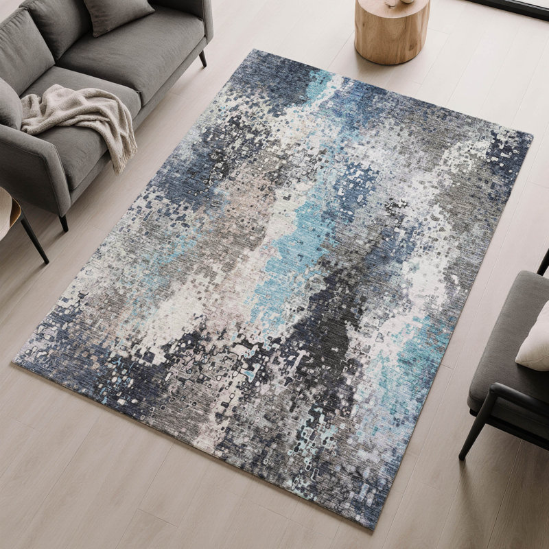 Premium Machine Washable Mayfield AMF2242 Abstract Rug, Denim, 3' x 5'