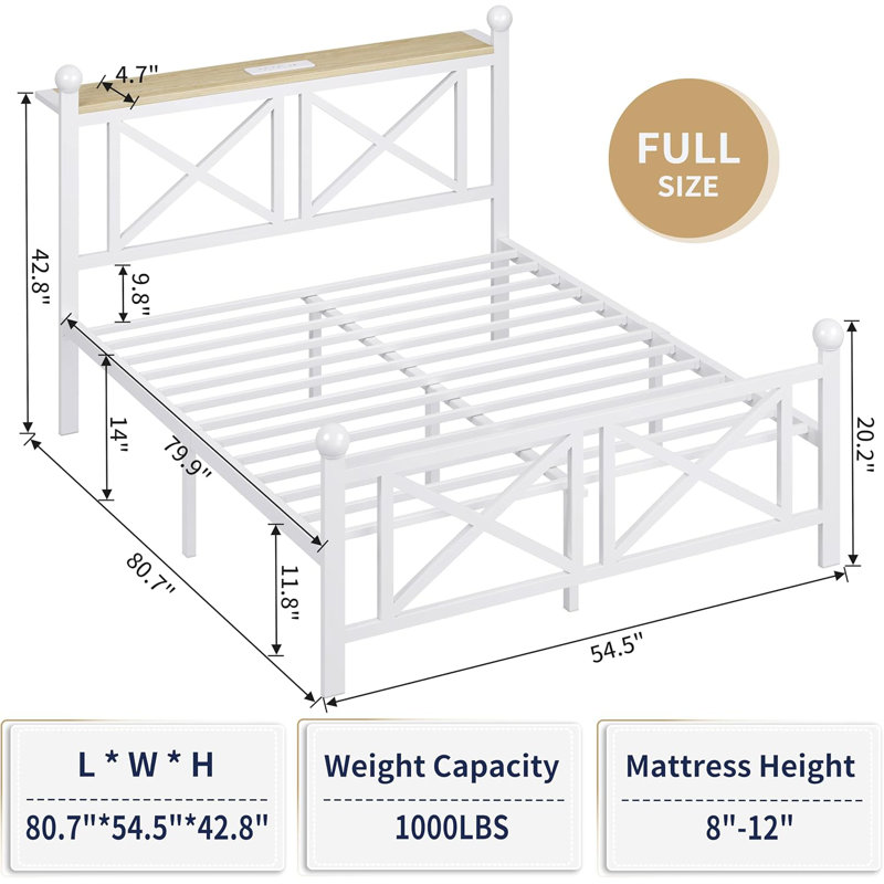 Full Size Bed Frame with Headboard, Charging Station and LED Lights, Heavy Duty Metal Platform & Noiseless, Easy Assembly
