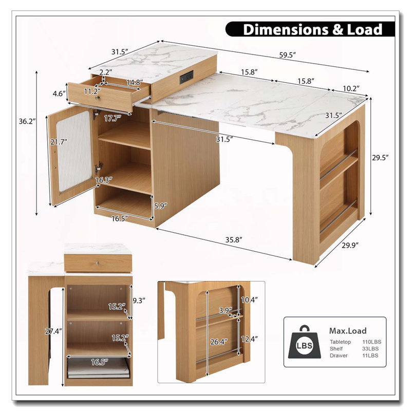 Îlot de cuisine 59,5 po avec table de salle à manger extensible, table de rangement de cuisine avec rangement double-face, îlot de cuisine avec 2 tiroirs, prise de courant, tablettes latérales ouvertes, pour la cuisine