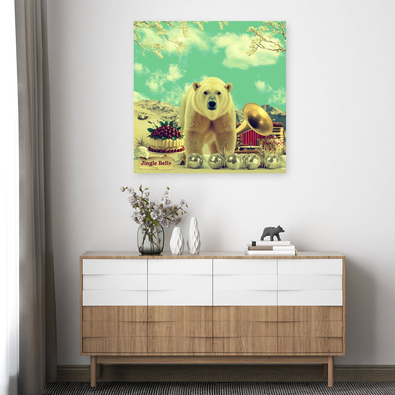 Ours polaire festif, scène rétro rétro, paysage d'hiver, 36" H x 36" W