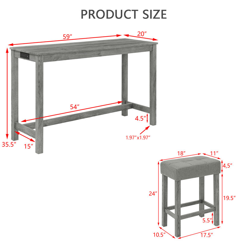 59" W Bar Table Set With Power Outlet, 3 Cushioned Stools, Grey