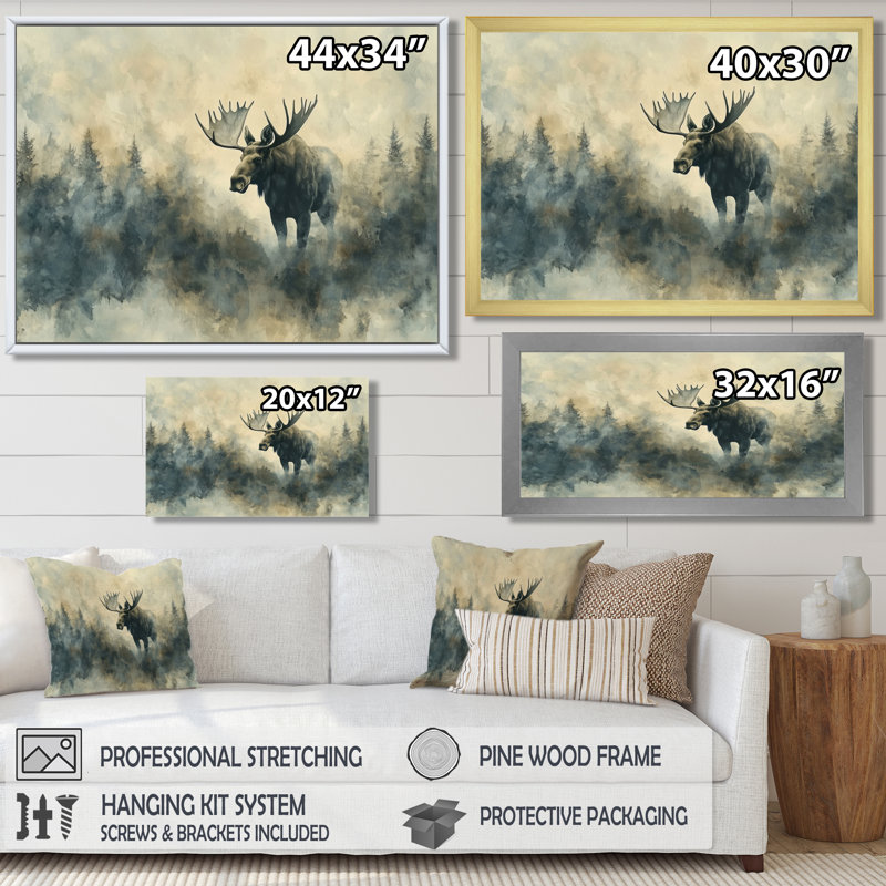 Gratianna Moose In The Mist Of Canada I - Moose, art mural, H 12 po x l 20 po, Reproduction avec cadre flottant, Blanc