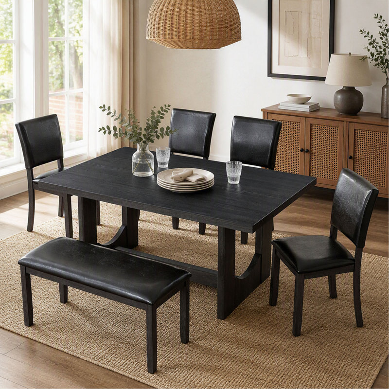 Ensemble de salle à manger 6 pièces avec banc, table de cuisine de style ferme moderne avec chaises et banc en similicuir, ensemble de salle à manger rectangulaire en bois avec piètement en forme de U, similicuir noir antique et brun foncé