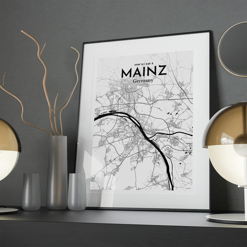 Mainz, carte de la ville, impression, H 27,6 po x l 19,7 po, Noir et blanc
