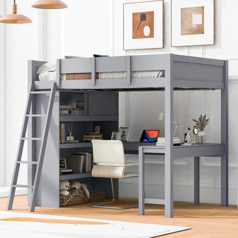 Lit mezzanine double avec bureau et tablette, Blanc