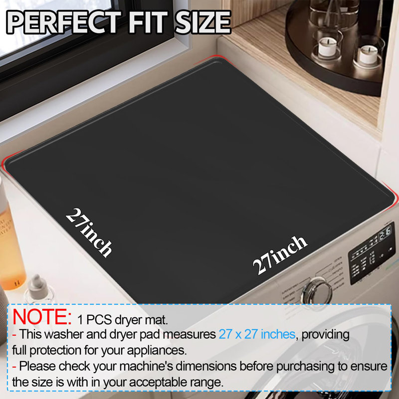 27”X 27" Pad For Top Of Washer Or Dryer Protector Rubber Mat For Washing Machine Accessories Non Slip Waterproof Washable (Black)