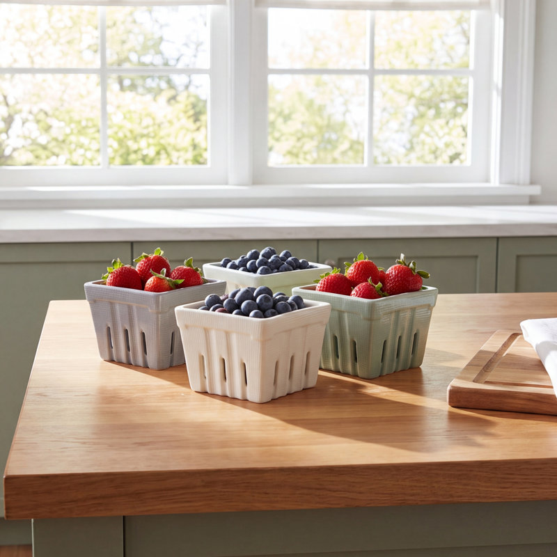 4-Piece Stoneware Berry Bowls, White/ Gray/ Green/ Pale Green