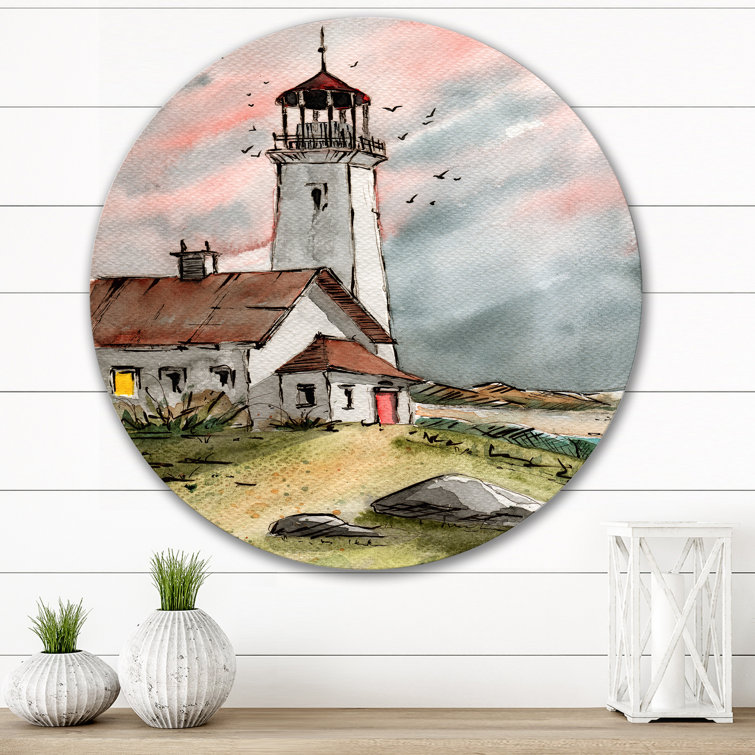 Lighthouse Under A Pink Gray Sky - Country Metal Circle Wall Art East Urban Home Size: 29 H x 29 W x 1 D