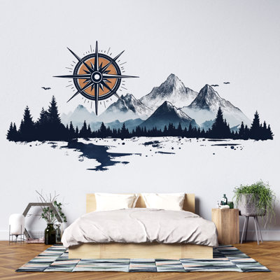 Autocollant mural montagne boussole, autocollant forêt d'aventure, autocollant mural montagne nordique, art mural bureau de voyage, autocollant amovible nature 541