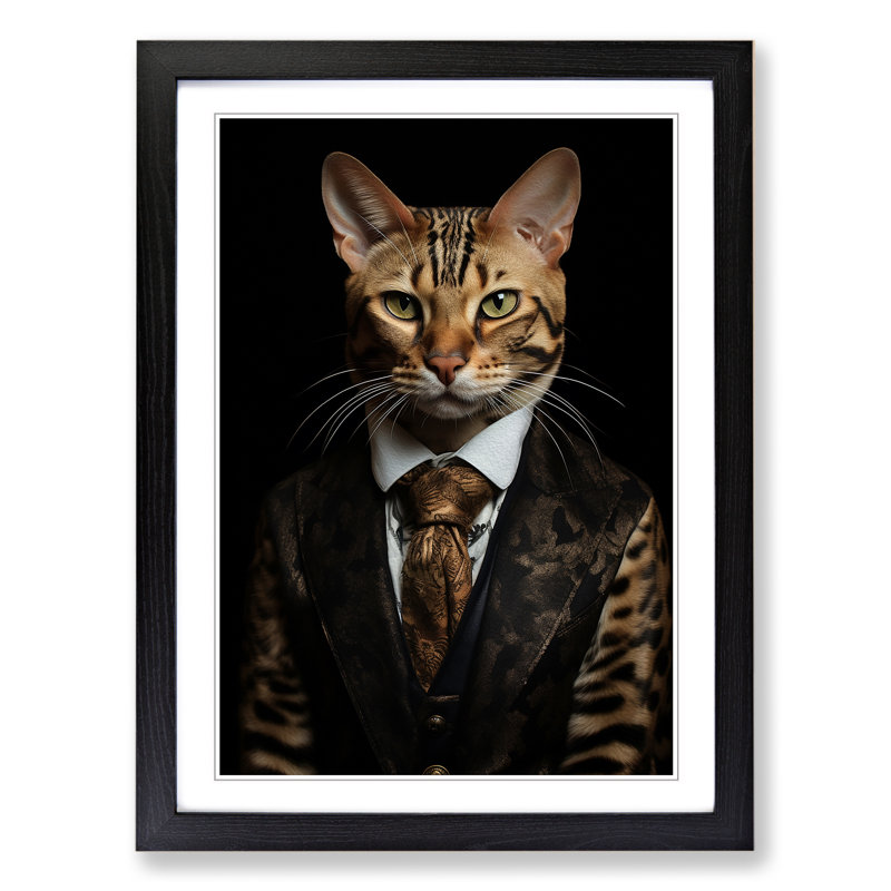Bengal Cat In A Suit - Single Picture Frame Print on Wood, 46cm H x 34cm W x 2cm D, Black