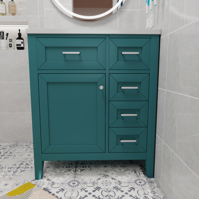 Meuble-lavabo 30 po avec lavabo, armoire verte avec tiroirs, panneau de fibres à densité moyenne.
