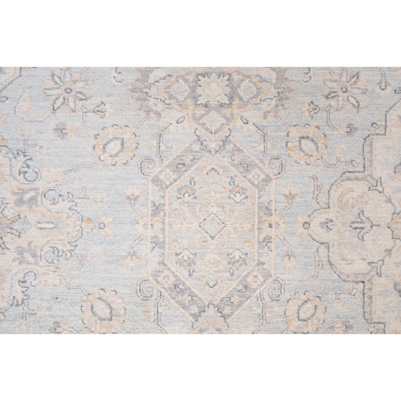 Hand Knotted Wool Area Rug in Light Blue And Ivory