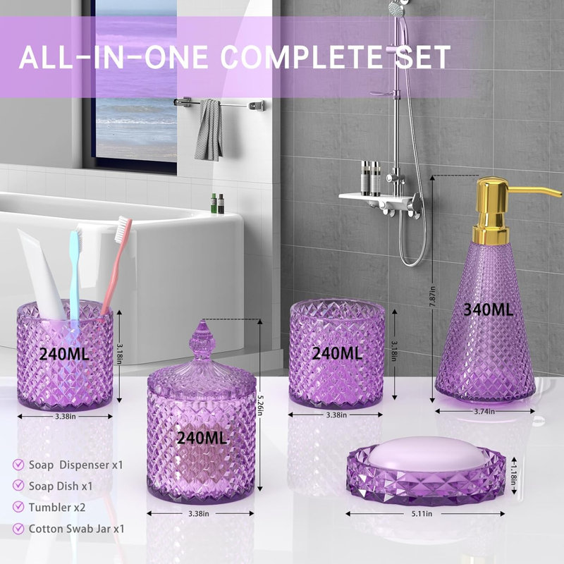 Purple Glass Bathroom Accessories Set 5-Piece