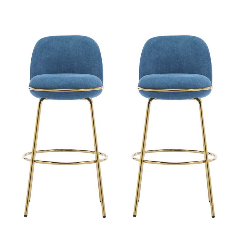 Gold Finished Metal Upholstered Barstool With Blue Upholstery(2PCS Sets)