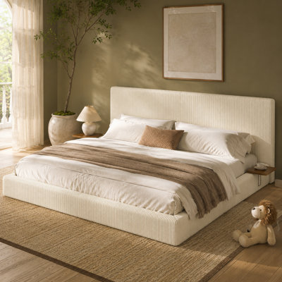 Rozelle Soft Cloud Queen/King Low-Profile Bed Frame in Tactile Corduroy with Slideable Headboard Shelves and Steel Core Foundation