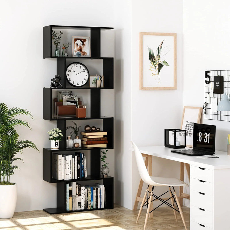 Bibliothèque géométrique Hermoth W Tall, étagère de rangement à 6 niveaux, étagère de présentation contemporaine, Noir, 1