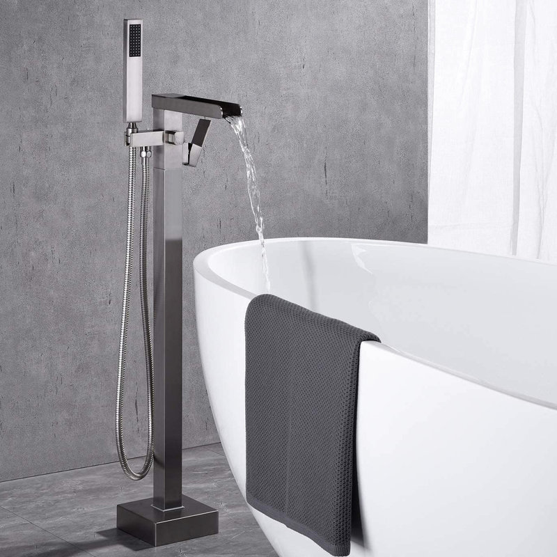 Brushed Nickel Floor Mount Tub Filler With Waterfall Design And Hand Shower - , Corrosion Spout For Bathroom Mount, Rust Proof