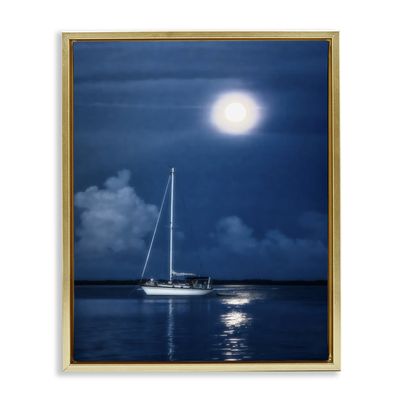 «Moonlit Nighttime Sail», art mural encadré flottant par Mary Lou Johnson, Cadre flottant métallique doré, H 21 po x l 17 po
