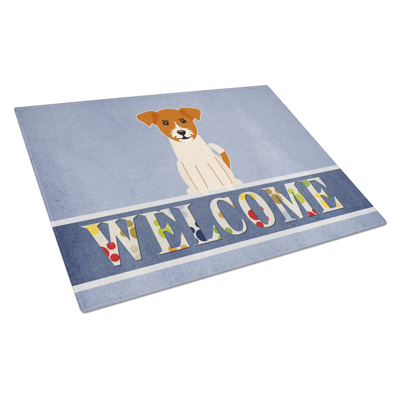 Planche à découper caroline en verre trésors d’olivier terrier Welcome Dog