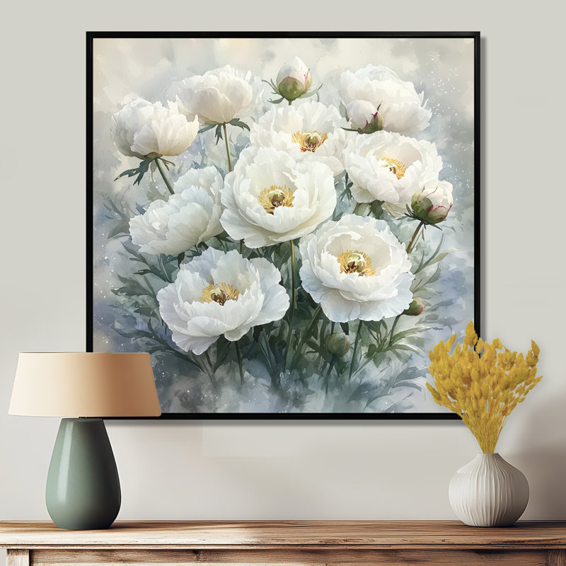 Hiver, matin, pivoines, étreinte - pivoines, art mural, Impression encadrée flottante, Noir, noir, noir, noir