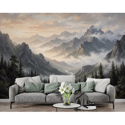 Panoramic Mountain Wallpaper Mural | Misty Mountain Wall Mural | Luxury Fine Art Wallpaper | Cinematic Nature Wall Covering 450DRE