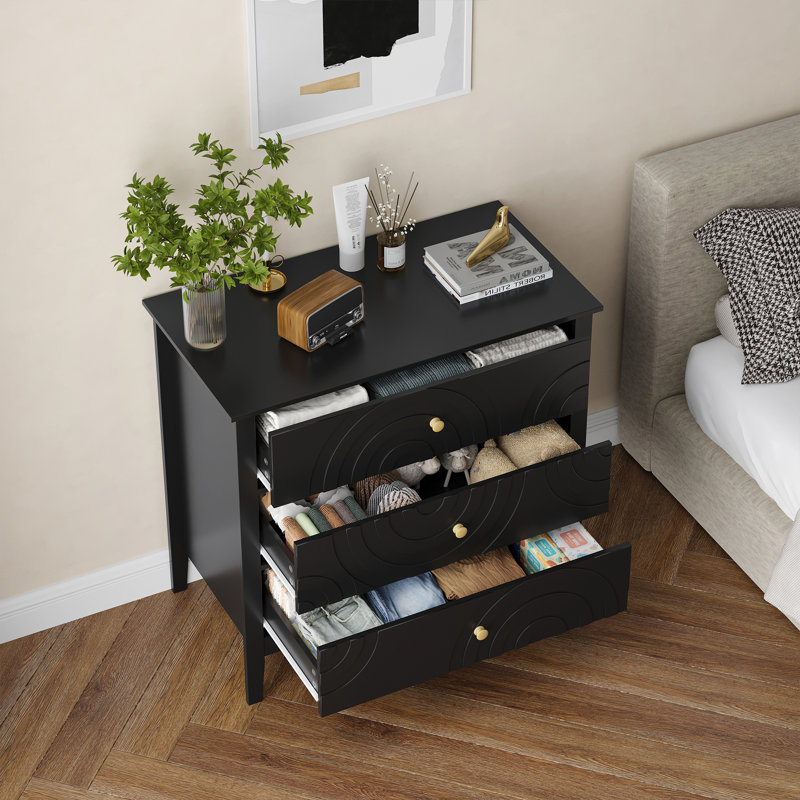 Commode 3 tiroirs en bois, 31,9 po de largeur, 30,1 po de hauteur, Noir