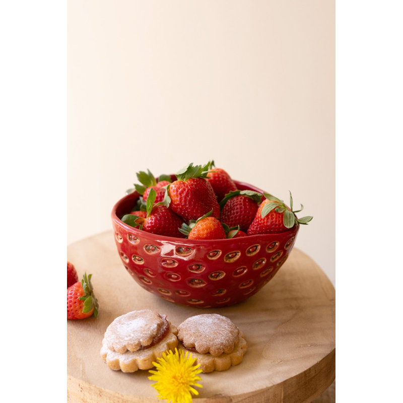  Set of Two Ceramic Strawberry Serving Bowls Decorative Tabletop Decor Accent Red and Green Glazed Finish