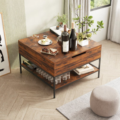 Table basse à plateau relevable 31,5 po avec rangement - finition noyer foncé, compartiment caché et tablettes ouvertes