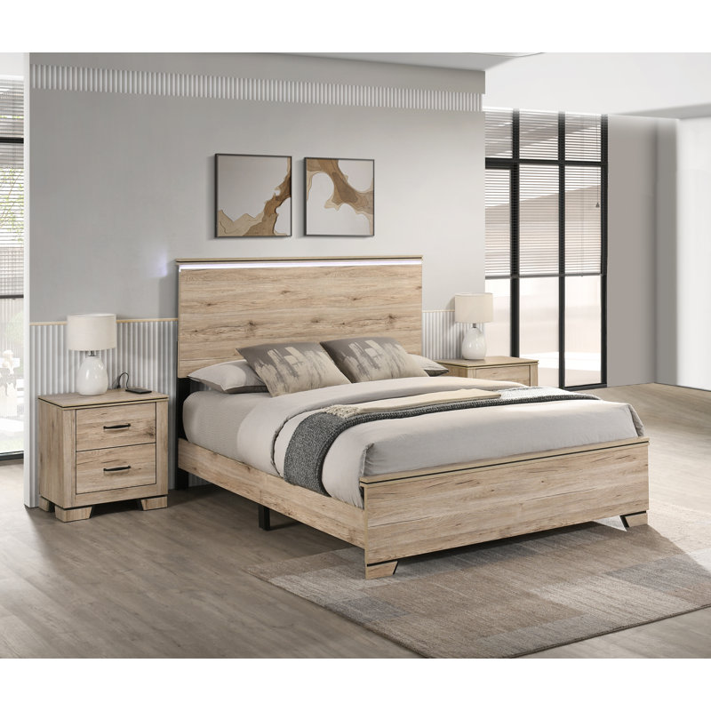 Rustic Farmhouse Bedroom Set With LED Headboard, Oak, 3 Pieces: Bed, 2 Nightstands, Queen
