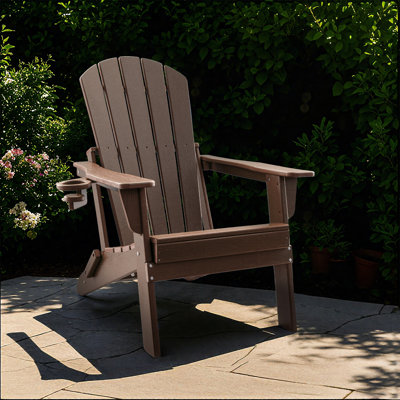 Chaise Adirondack en PEHD pliable avec porte-gobelet, résistante aux intempéries, nécessitant peu d'entretien, pouvant supporter jusqu'à 400 lb, café
