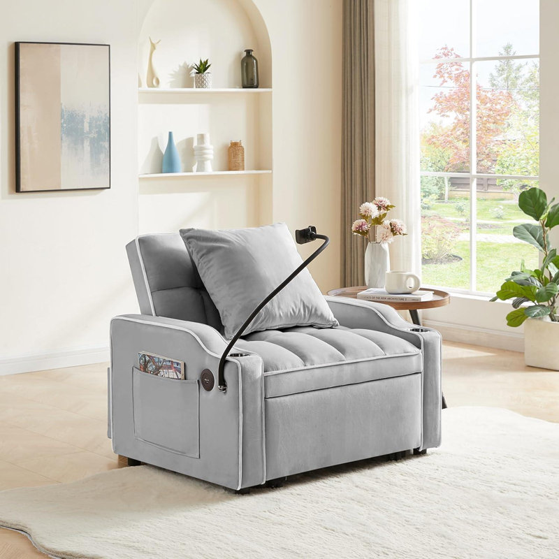 3-in-1 Convertible Sofa Bed Sleeper Chair with Adjustable Backrest, USB Charging & Cup Holder for Small Spaces, Grey