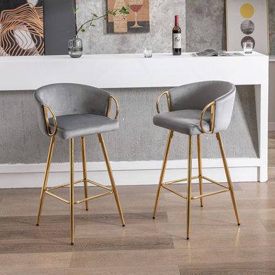 Set Of 2 30 Inch Velvet Bar Stools With Chrome Footrest And Golden Legs