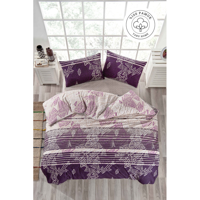 Elegant Ranforce Double Quilt Cover Set, Purple & White, 78.7 x 86.6 inches | 100% Cotton, 132 Thread Count | Machine Washable, Button Closure Duvet Cover & Envelope Pillowcases (2) | Stylish & Comfortable Bedding