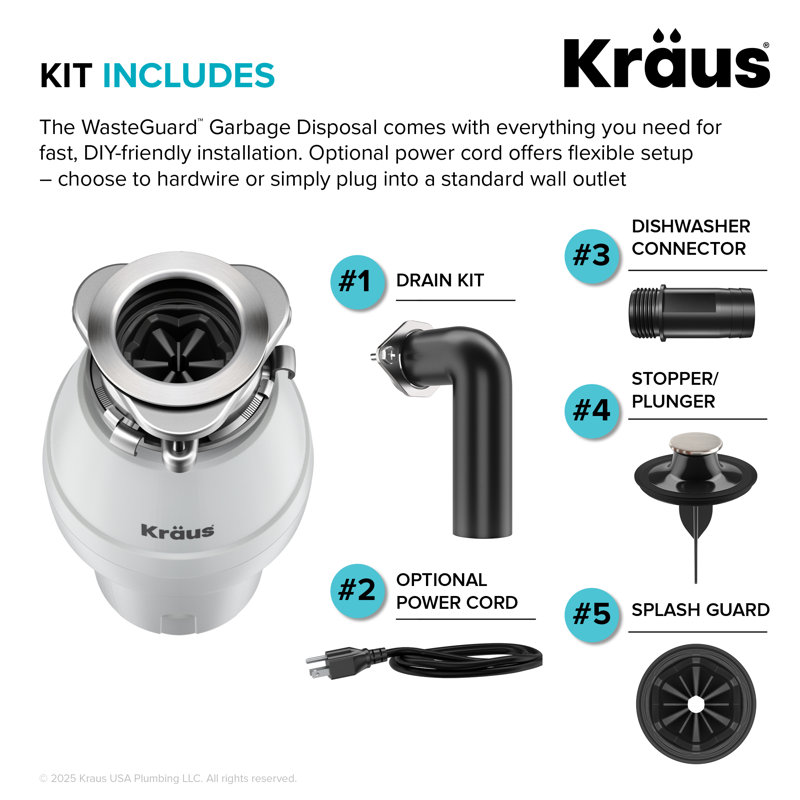 Broyeur à déchets à alimentation continue KRAUS Wasteguard avec moteur ultra-silencieux pour évier de cuisine avec cordon d'alimentation et bride inclus