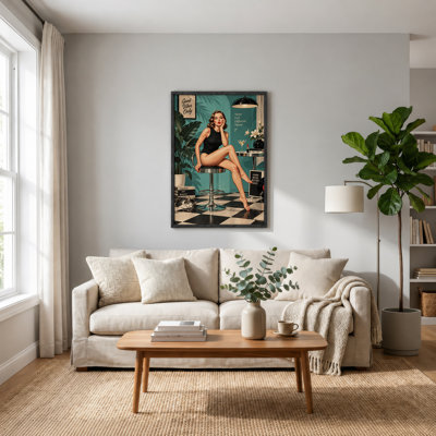 Tableau sur toile représentant une pin-up rétro assise sur un tabouret chromé