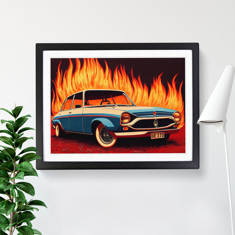 Car In Flames - Single Picture Frame Print, Black Framed, 46cm H x 64cm W x 2cm D