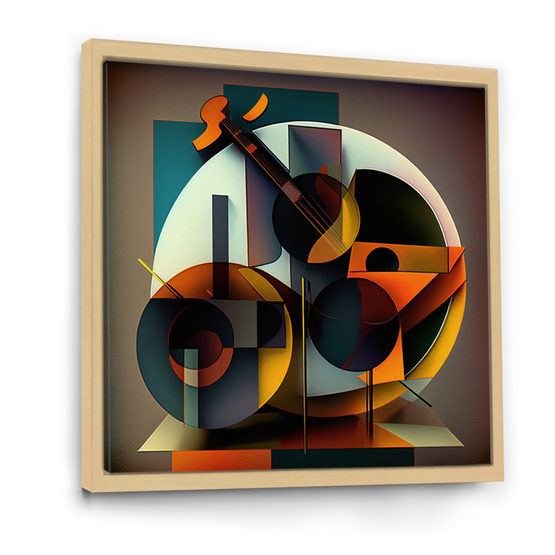Abstrait, guitare rétro, géométrique, symphonie musicale I - impression, Cadre flottant brun, 30" H x 30" W