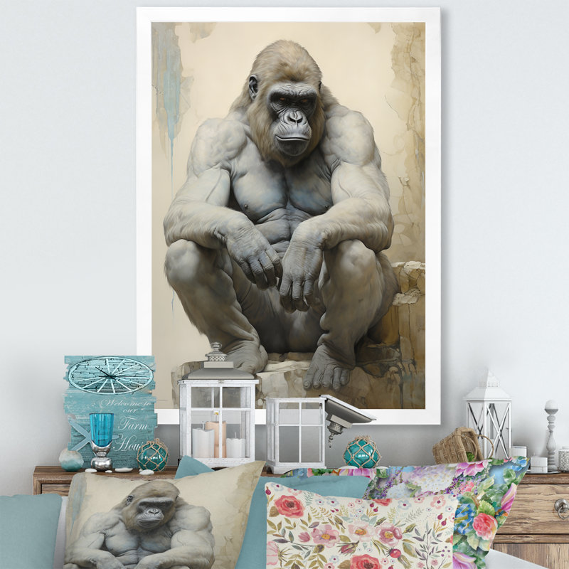 «Thoughtful Gorilla» sur impression sur toile, Cadre simple blanc, H 32 po x l 24 po x P 1 po